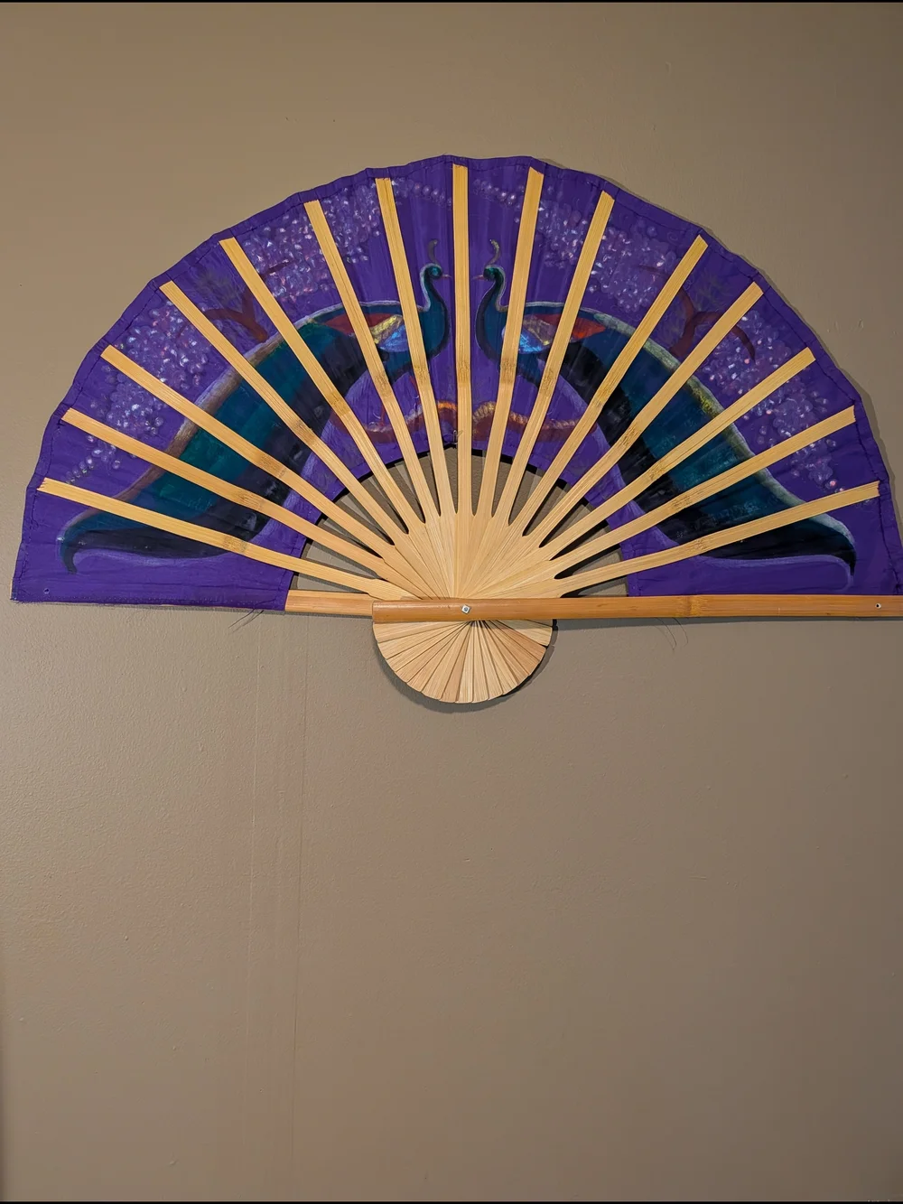 Hand-Painted Mid-century Purple Peacock Fan Wall Art. Bamboo Frame. Boho.